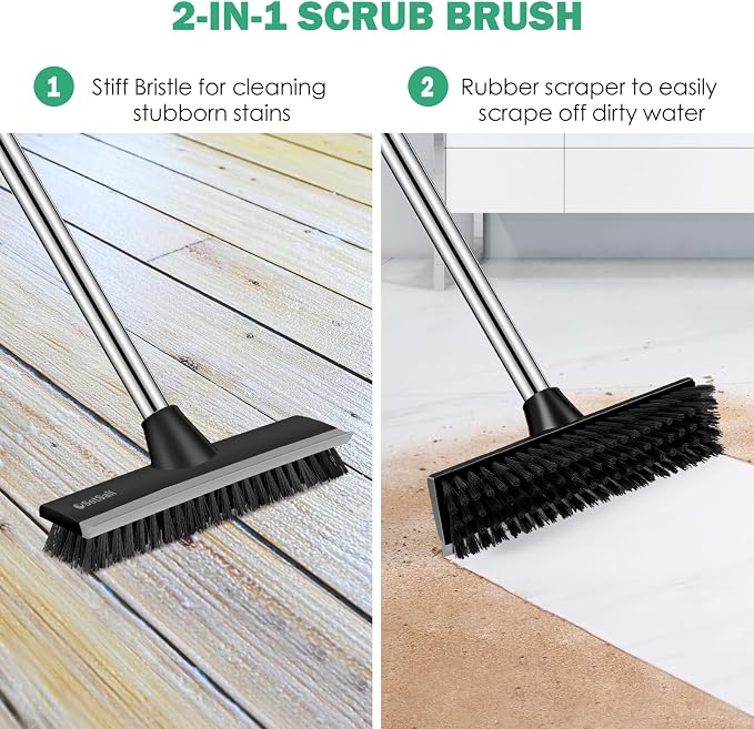 SetSail Floor Scrub Brush, 51-Inch Adjustable Long Handle Brush, Black Grey | 2 in 1 Scrape Brush Stiff Bristle Floor Scrubber for Cleaning Shower Bathroom Garage Kitchen Wall Deck Tub Tile