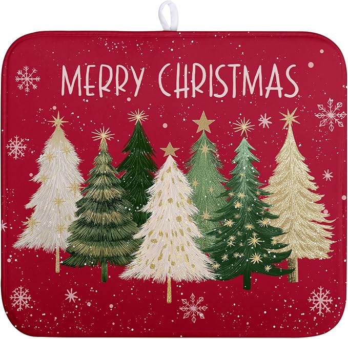 Merry Christmas Dish Drying Mat for Kitchen Counter 16x18 Inch Red Xmas Tree Snowflakes Drying Pad Winter Holiday Absorbent Microfiber Dish Draining Reversible Dish Drainer Rack Mat