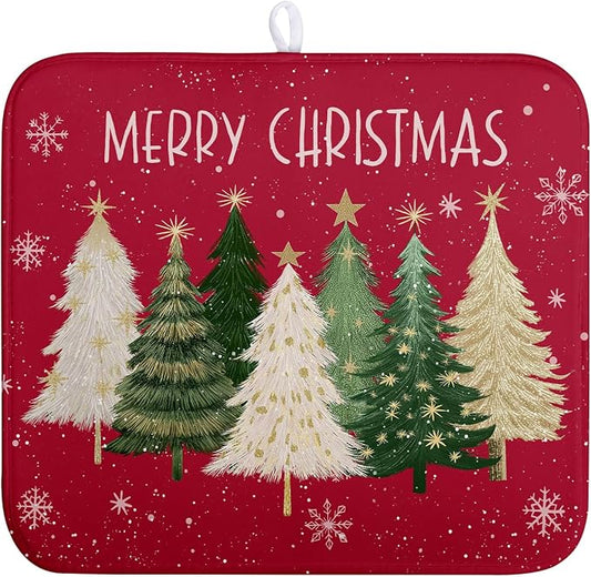 Merry Christmas Dish Drying Mat for Kitchen Counter 16x18 Inch Red Xmas Tree Snowflakes Drying Pad Winter Holiday Absorbent Microfiber Dish Draining Reversible Dish Drainer Rack Mat