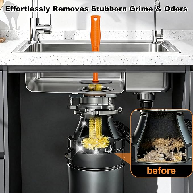 Universal Garbage Disposal Brush – 360° Rotating Head with Rubber Splash Guard, 17.7 Inches,Long-Handle Sink & Disposer Cleaner