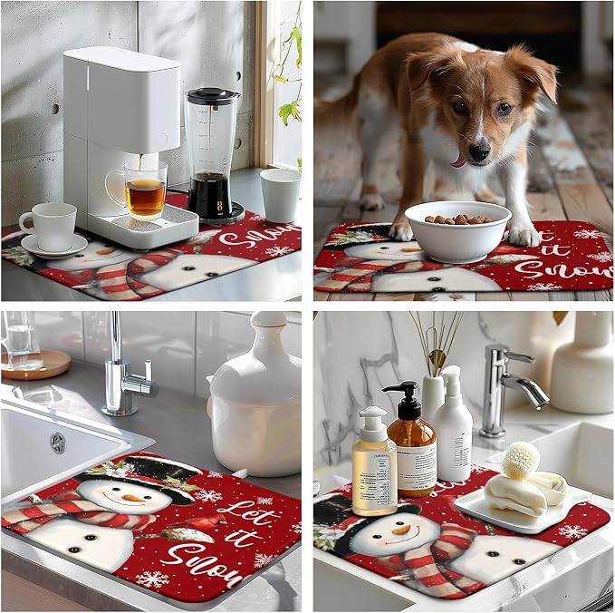 Snowman Christmas Dish Drying Mat Winter Drying Mats for Kitchen Counter Xmas Holiday Red Dish Draining Mat Microfiber Absorbent Reusable Dish Rack Pad 16x18 Inch