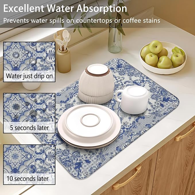 Dish Drying Mat 2-Pack with Baroque for Kitchen Counter Absorbent Dishes | Diatom Mud Mats (18x24, 19.5x12"). Non-slip rubber back for kitchen counter, coffee bar & sink scenes