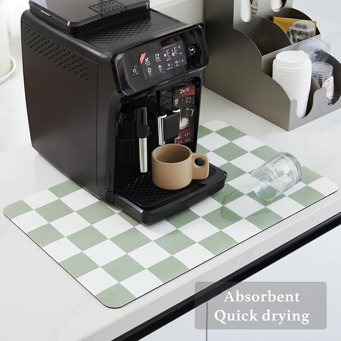 Ohocut Checkered Dish Drying Mat for Kitchen Counter, Coffee Bar Station Accessories, Retro Cute Aesthetic Modern Absorbent Drainer Mat Kitchen Drying Mat Easy Clean, Sage 16" x 24"
