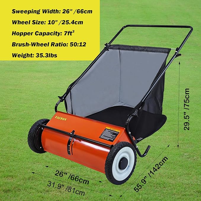 Push Lawn Sweeper, 26-Inch Width, 7 Cu. Ft. Hopper Capacity, 4 Spinning Brushes, Adjustable Height, Durable Steel Frame with Rubber Wheels, Orange