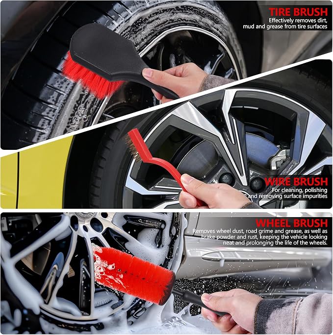 35Pcs Car Detailing Kit & Car Cleaning Kit, B：35PCS-R | Windshield Tool, Long Wheel Brush & 2 Angled Brushes, 4 Polishing Pads & 4 Wax Pads, Red Tool Box, Gift for Men