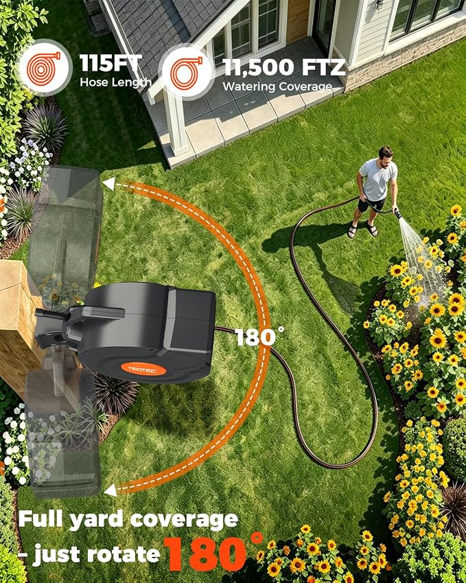 5/8 in 115 ft Retractable Garden Hose Reel with 9-Pattern Sprayer Nozzle | Any Length Lock, Auto Slow Return, 180° Swivel Mount, UV Resistant, Heavy Duty