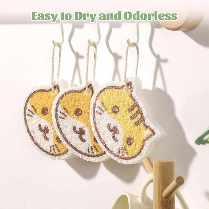 JOYMOOP Cartoon Kitchen Sponge, Cellulose Sponges for Cleaning, 4 Pack Non-Scratch Sponges for Dishes, Reusable Sponge for Household Cleaning - Kitten Pattern