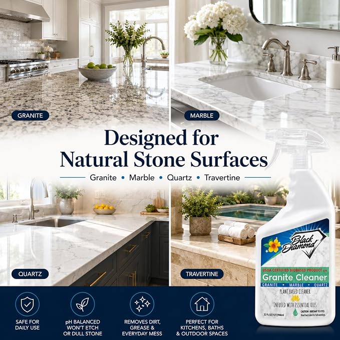 Black Diamond Stoneworks Granite Counter Cleaner: USDA Certified BIOBASED- Safe for Granite and other stone countertops. Safe for food contact formula to keep your countertops looking fresh and clean!