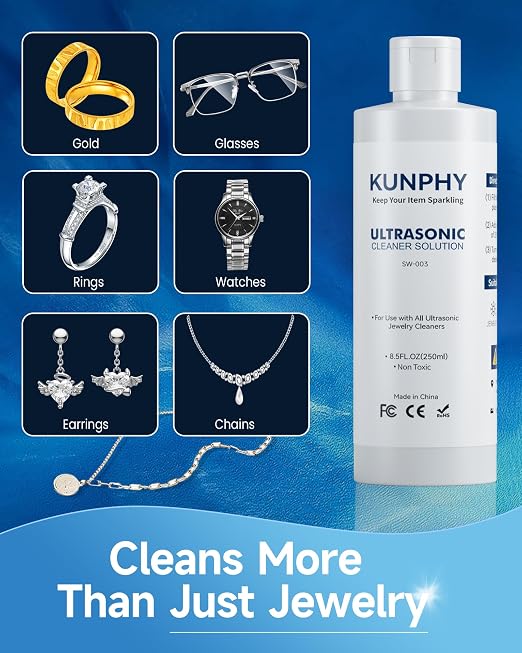 kunphy Ultrasonic Jewelry Cleaner Solution for Gold, Silver, Ring 8.5 oz*2 | Concentrated; for All Ultrasonic Machine; Remove Residue & Grime; Gentle Formula for Non-Porous Stones & Metals