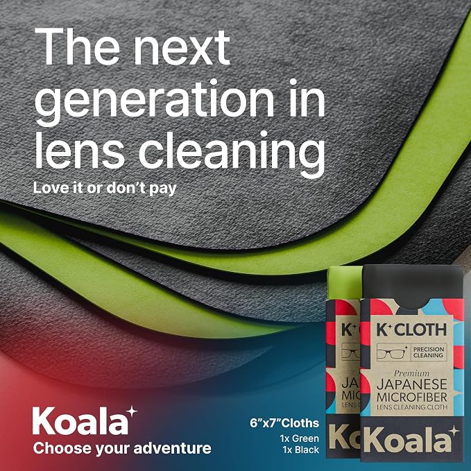 Koala Lens Cleaning Cloth | Japanese Microfiber | Black & Green (Pack of 2) | Glasses Cleaning Cloths | Eyeglass Lens Cleaner | Eyeglasses, Camera, VR/AR Headset, and Screen Cleaner | Washable & Reusable