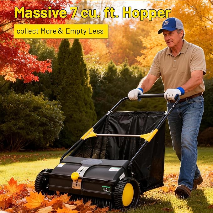 21 Inch Push Lawn Sweeper, Hand Powered Leaf & Grass Sweeper with 7 Cu Ft Hopper, 4 High-Speed Brushes, Height Adjustable, ABS & Steel Frame for Yard Lawn Cleanup (21 Inch Black)
