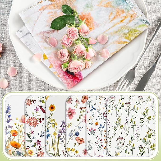 6 Pack Reusable Cleaning Cloths Washable Cotton Kitchen Dish Towels for Home Party Supplies Bulk, 9.84x11.81in (Wildflowers)