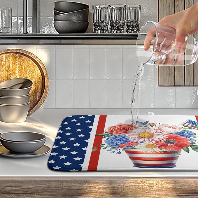 Patriotic Floral Summer Dish Drying Mats 4th of July Butterfly Flowers Dish Mat Kitchen Large Drying Matt Dishes Dryer Pad for Kitchen Counter Absorbent Microfiber Washable Foldable Reusable 18x24 in