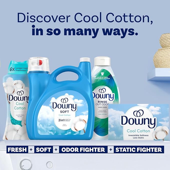 Downy Soft, 2 in 1 Soft and Fresh Liquid Fabric Softener, Cool Cotton, 140 fl oz, 190 Loads, Fabric Conditioner Liquid provides softness and freshness for fabrics