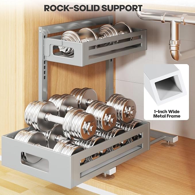 2 Pack Under Sink Organizer,Pull Out Cabinet Organizer With Smooth Cylindrical Rail,Metal Slide Out Drawer for Kitchen Bathroom Laundry Cabinet,8-Level Tool Free Height Adjustable-Gun Gray