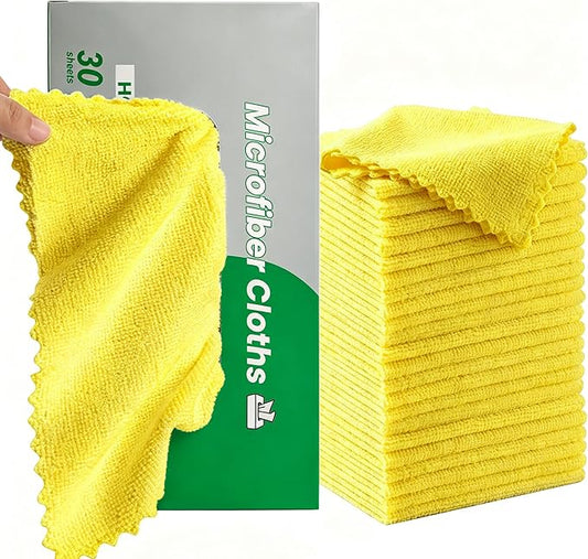 30 Pack Microfiber Cleaning Cloths, Dish Towels for Kitchen, Cleaning Rags for Car, Window, Bathroom, Household, Ultra Absorbent Cleaning Supplies Lint Free Streak Free, Reusable & Washable (Yellow)