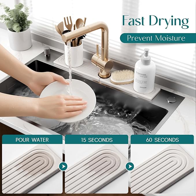 Eormoe Faucet Mat for Kitchen Sink – Diatomite Stone Drying Mat & Sink Protectors, Prevent Moisture – Sink Splash Guard Water-Absorbing Stone Tray for Bathroom Counter (Light Grey, 23.6" x 3.9")