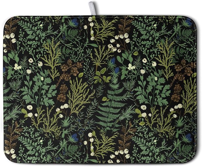 Black Sage Green Plant Dish Drying Mat for Kitchen Counter Vintage Botanic Fern Leaves Floral Dish Drainer Mats Absorbent Microfiber Dishes Pad Reusable Washable Large Dish Draining Mat 18x24 Inch