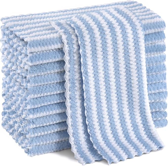 Homaxy 12 Pack Kitchen Dish Cloths, Ultra Soft and Absorbent Dish Towels, Reusable Fast Drying Microfiber Cleaning Cloth, Coral Velvet Wave Design No-lint, 10 x 10 inches, Blue