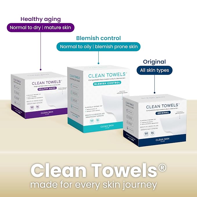 Clean Skin Club Bamboo Viscose Clean Towels® XL 100% USDA Biobased Face Towel, Disposable Face Towelette, Makeup Remover Dry Wipes, Ultra Soft, 50 Ct, 1 Pack