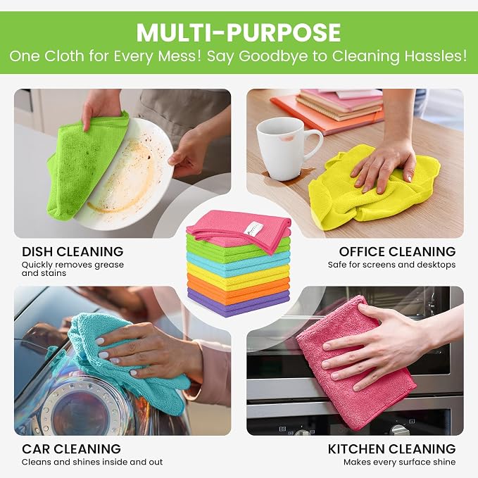 34 Pack Microfiber Cleaning Cloth, 6 Assorted Colors Cleaning Rags for Housekeeping, Colorful Reusable Microfiber Towels for Car, Kitchen, Bathroom and Household Cleaning Supplies, 11.8"X11.8"