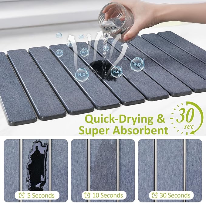Large Stone Dish Drying Mat for Kitchen Counter, 24"(L)×16"(W), Collapsible Quick Dry Stone Dish Mats, Super Absorbent Diatomaceous Earth Drying Pad for Dishes Bottles Cups, Countertops (Black Grey)