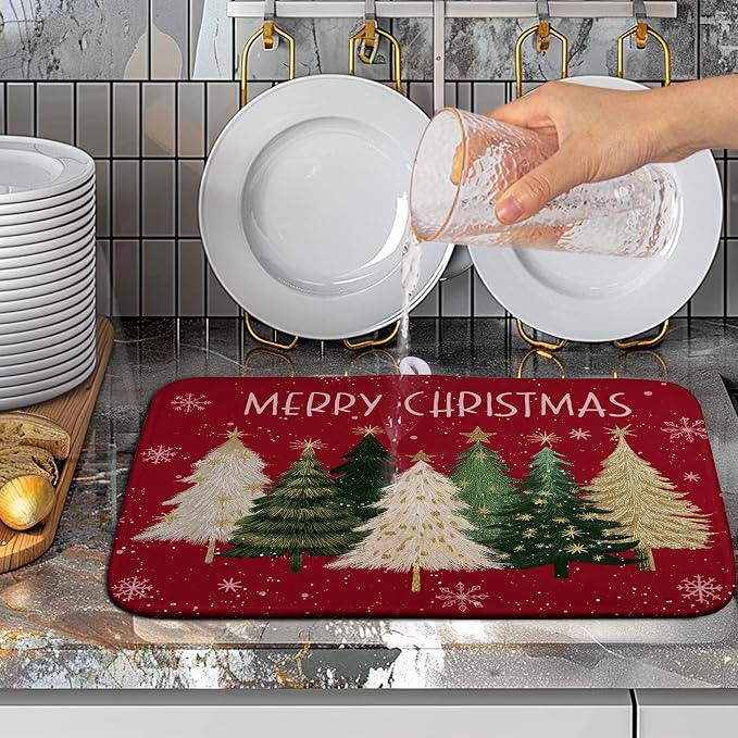 Merry Christmas Dish Drying Mat for Kitchen Counter 16x18 Inch Red Xmas Tree Snowflakes Drying Pad Winter Holiday Absorbent Microfiber Dish Draining Reversible Dish Drainer Rack Mat