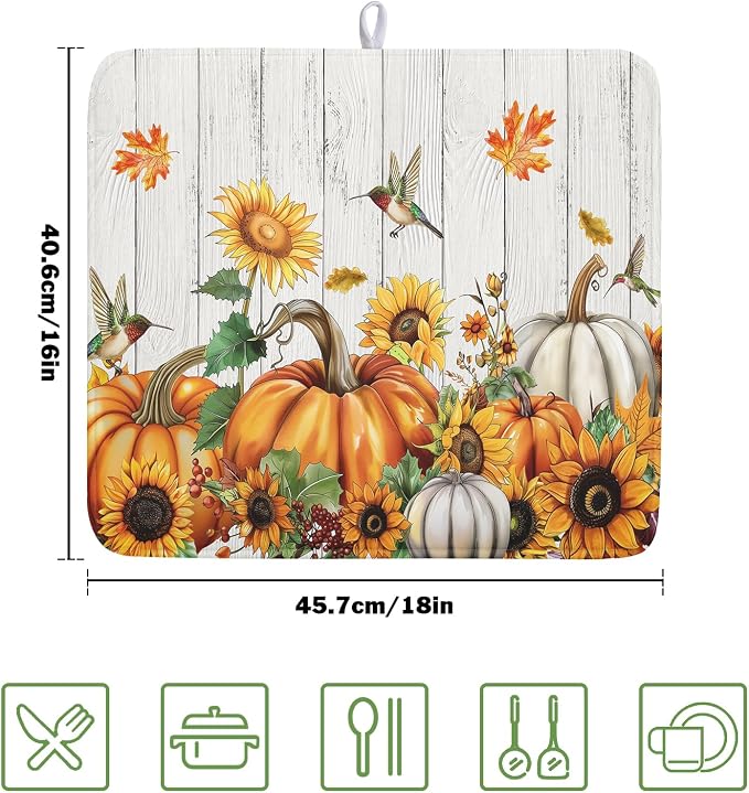 Fall Sunflower Maple Leaves Dish Drying Mat for Kitchen Counter Autumn Harvest Pumpkin Dish Drying Mat 16”x18” Thanksgiving Dishes Pad Dish Drainer Rack Mats Absorbent Fast Dry Kitchen Accessories