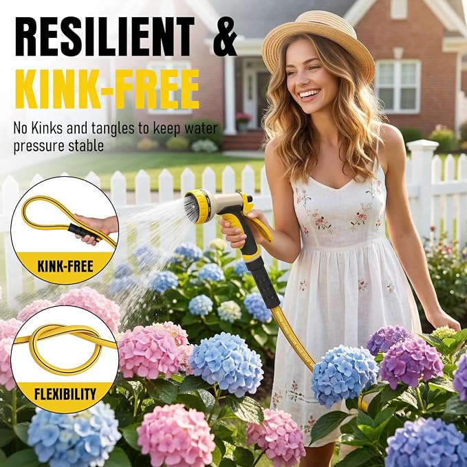Garden Hose 100 ft x 5/8" with Nozzle, Water Hose Heavy Duty Flexible, Lightweight Kink-less Hybrid Hose with Swivel Handle, Male to Female Fittings