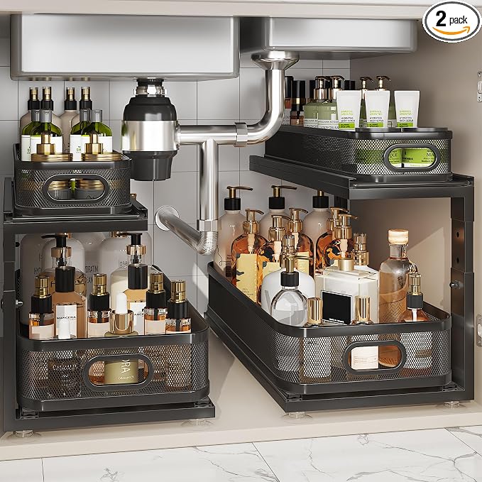2 Pack 21IN-Depth Under Sink Organizer With Next-Gen Ball-Bearing Slides,2-Tier Precision Mesh Pull Out Cabinet Storage for Bathroom&Kitchen,Height Adjustable Drawers Shelf,Anti-rust-Black