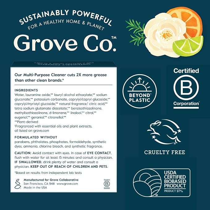 Grove Co. Multi-Purpose Cleaner Refills, 6 x 1fl oz, Orange & Rosemary | 6 refills; Plant-based; No plastic waste; Ammonia & chlorine free; No Harsh Chemicals