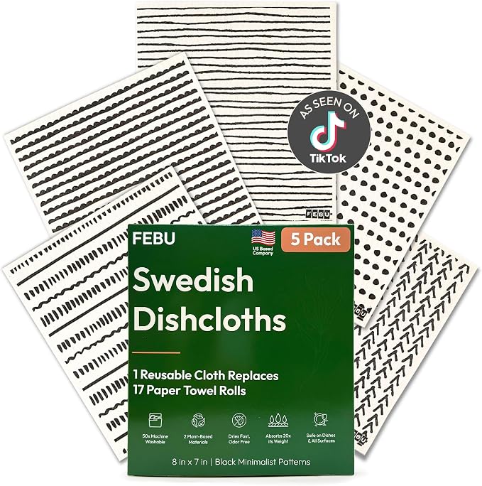 FEBU Swedish Dishcloths for Kitchen | 5 Pack Black Minimalist Reusable Paper Towels Washable | Swedish Dish Towels | Non-Scratch Cellulose Sponge Cloths | No Odor, Biodegradable Cleaning Cloths