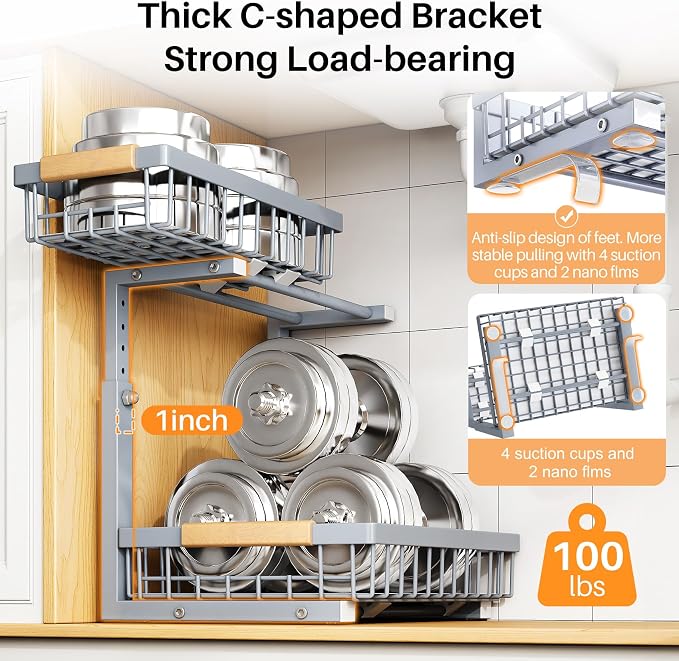 PXRACK Under Sink Organizer, Adjustable Height, 2 Tier Pull Out Under Cabinet Organizer, Slide Out Thickened Metal Under Sink Storage for Kitchen Bathroom Laundry Pantry Cabinet, Grey, Large-1-Pack