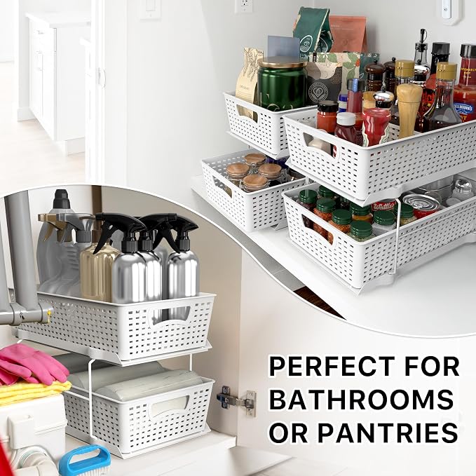 Simple Houseware 2 Tier Pull-Out Sliding Drawer Under Sink Storage, White | Great for Kitchen Bathroom Tray Shelf Organizer