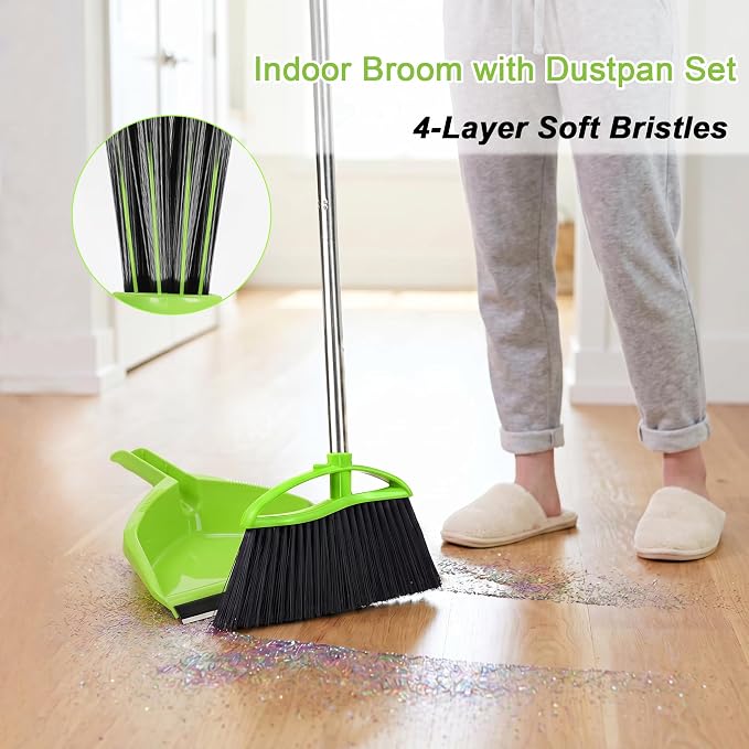 Soft Bristle Broom and Dustpan Combo Set, Long Handle Indoor Broom (Green) | No-bend Long Handle & Angled Head Sweep Dust Effortlessly. Rubber Strip Locks Fine Particles. For hardwood, tile