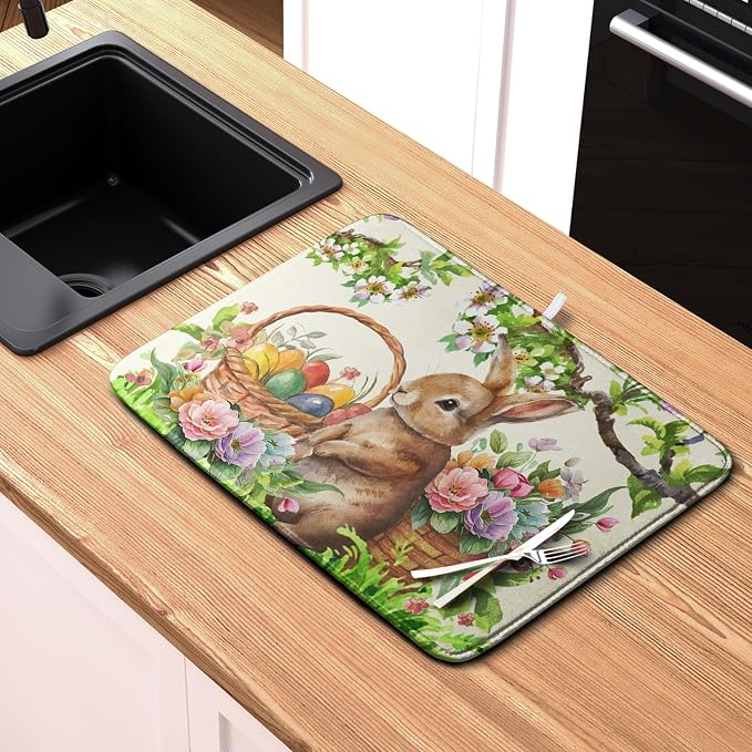 Happy Easter Bunny Kitchen Dish Drying Mat for Dishes 18x24 Inch Spring Colorful Floral Flower Basket Drying Mats Easter Eggs Dish Drainer Mat Super Absorbent Dish Rack Pad for Coffee Bar Sinks