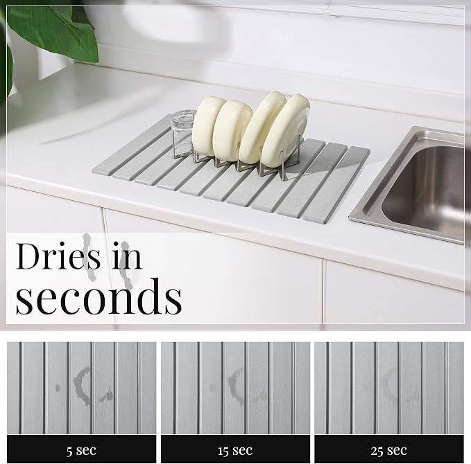 Diatomaceous Stone Dish Drying Mat with Collapsible Steel Rack - Quick Dry Kitchen Counter Set, Space Saving Foldable Dryer