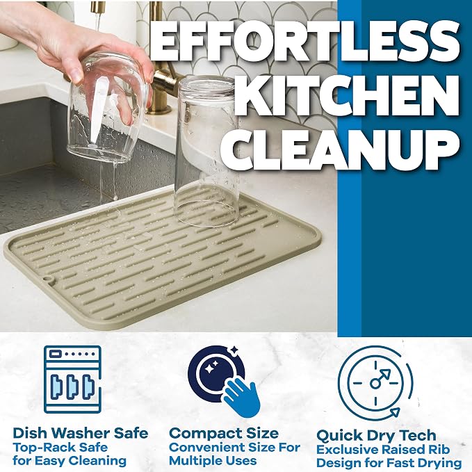 Large Silicone Dish Drying Mat for Kitchen Counter or Under Sink, 16" x 12" Large, Waterproof Pet Feeding Mat, Water Bowls, Under Drying Racks for Dishes, Coffee Bars, Bar Mats (Beige)…