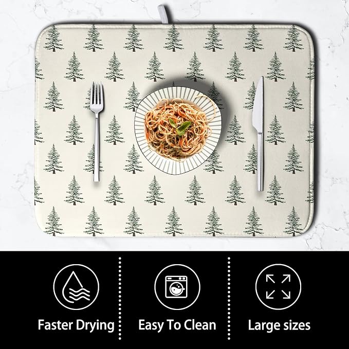 Christmas Tree Dish Drying Mat Winter Xmas Holiday Drying Mats Microfiber Absorbent Dishes Drying Pad Reusable Washable Kitchen Countertop Protector Dish Drainer Rack Mat 18x24 Inch