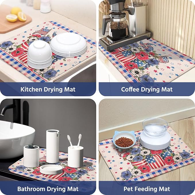 Dish Drying Mat for Kitchen Counter 18x24 Inch, Super Absorbent Dish Drainer Mat, Decorative Microfiber Dishes Drying Pad-Large(Flag and Star)