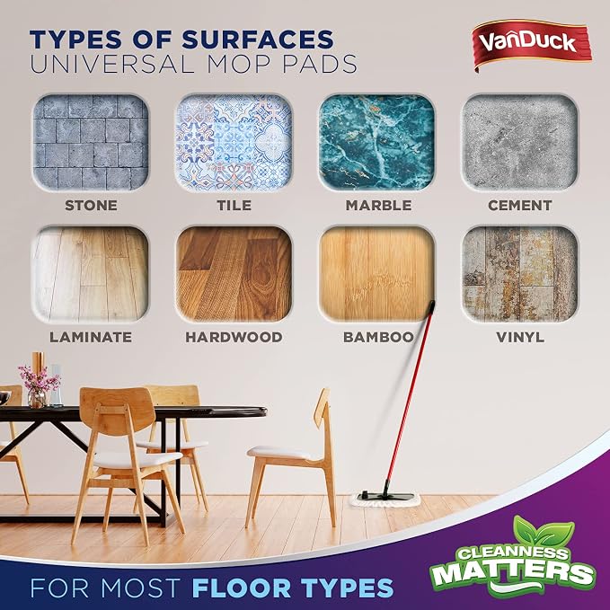 VanDuck 100% Cotton Terry Mop Pads 15x8 Inches, 3-Pack (Mop Not Included) | Reusable terry cloth mop covers, cotton replacement pads, floor cleaning refills, machine washable