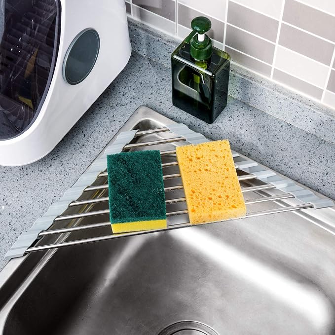 Tomorotec Triangle Roll-Up Dish Drying Rack for Sink Corner Small Foldable Stainless Steel Over The Sink Multipurpose Kitchen Drainer Caddy Organizer Storage Space Saver Shelf Holder (Gray)