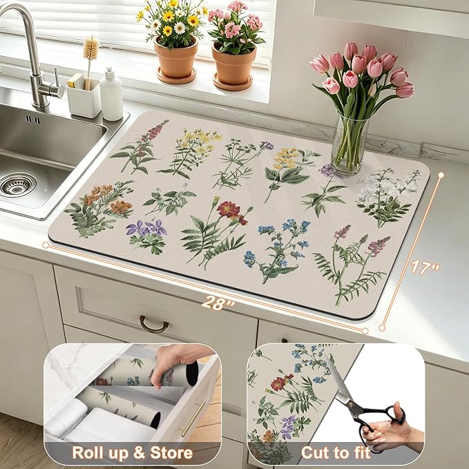 LOKHOM Dish Drying Mat for Kitchen Counter, 17"x28" Absorbent Coffee Bar Mat with Vintage Sage Flower Herbs, Dish Drainer Rack Mat for Kitchen Counter