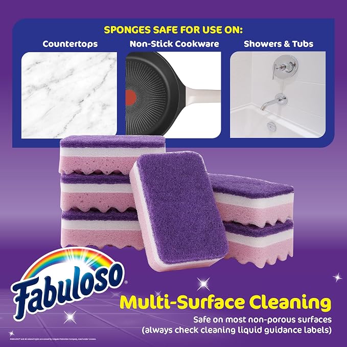 Fabuloso Scratch-Free Kitchen Dish Sponges, Purple Cellulose Scrubber Sponge with Scouring Pad for Dishes, Pots, Pans, Counters and Sinks, Tough on Messes, 4.25 x 2.75 x 1.25 in, 12 Count