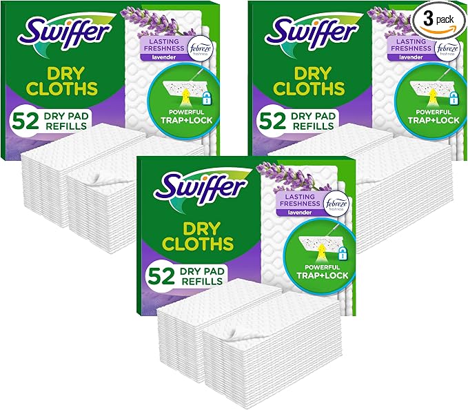 Swiffer Sweep + Mop, Dry Pads Refill, Floor Cleaner for Dirt, Dust, Hair, Cleaning Cloths for Mopping Home, Bathroom, Kitchen, Dust Mop, Floor Duster, Lavender, 52ct (Pack of 3)