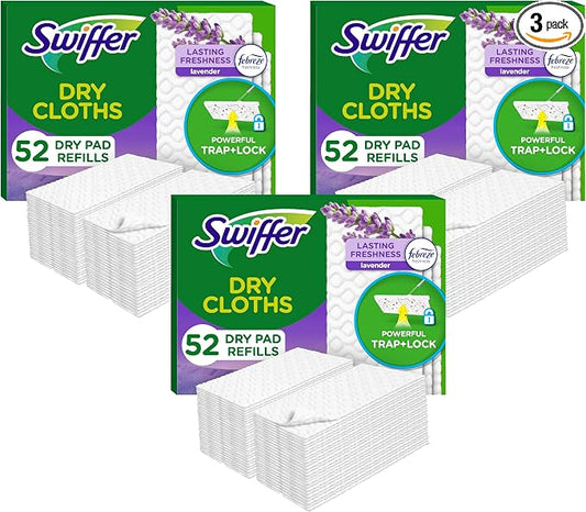 Swiffer Sweep + Mop, Dry Pads Refill, Floor Cleaner for Dirt, Dust, Hair, Cleaning Cloths for Mopping Home, Bathroom, Kitchen, Dust Mop, Floor Duster, Lavender, 52ct (Pack of 3)