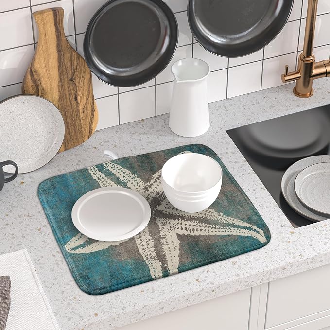 Giwawa Vintage Starfish Dish Drying Mat Coastal Beachy Nautical Drainer Rack Mat 16"x18" Absorbent Washable Dish Dry Pad for Kitchen Counter Sink