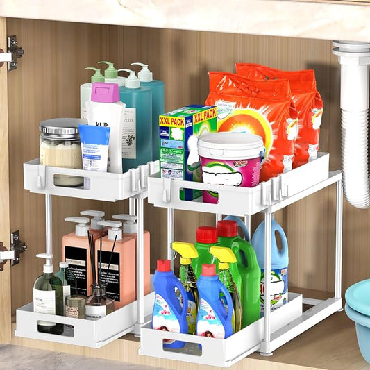 2 Pack Under Sink Organizer with Double Pull-Out Drawer, White | 2-Tier Cabinet Storage, Fits Cleaning Supplies & Toiletries, Space Saving for Small Cabinets, Double-layer Sliding