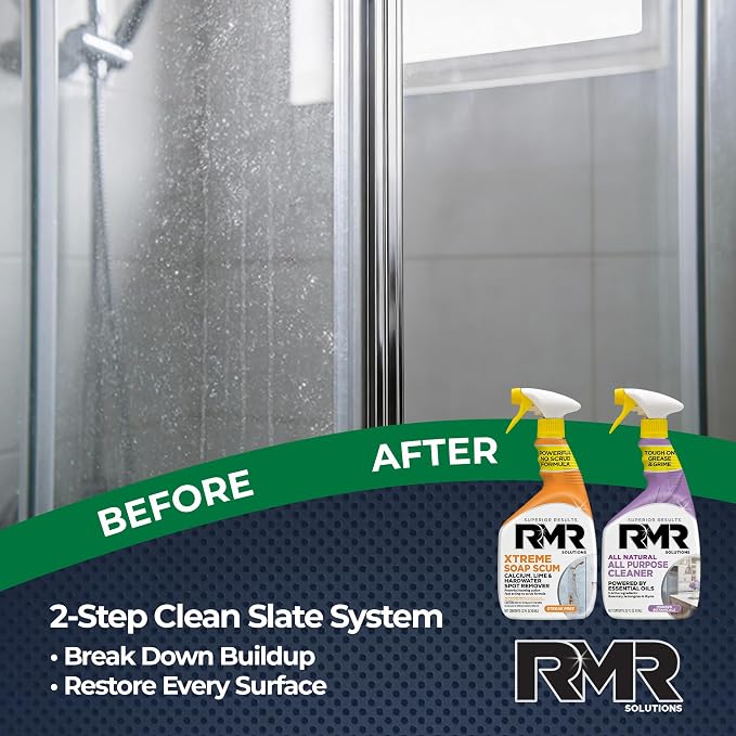 RMR Clean Slate System – Xtreme Soap Scum Remover + All Natural All Purpose Cleaner, 2-Step Bathroom & Household Cleaning Bundle for Shower, Tub, Tile, Glass & Surfaces, 2–32 Oz Bottles