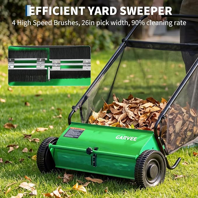 Push Lawn Sweeper 26Inch-Heavy Duty Walk Behind Leaf Collector and Yard Sweeper for Outdoor,Patio,Driveway,Garden Grass Sweepers,4 High Speed Spinning Brush,7 Cu. ft. Hopper Capacity | Yard Sweeper for Outdoor,Patio,Driveway,Garden Grass Sweepers,4 Hig...